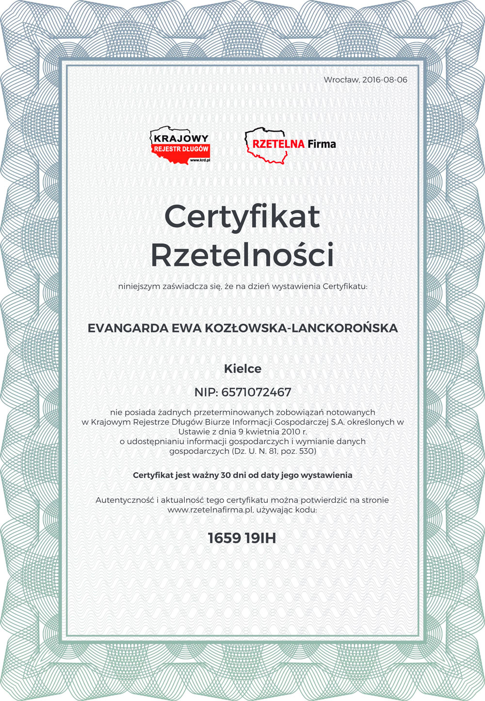 Certyfikat Rzetelnej Firmy