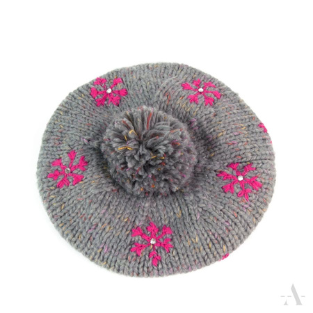 Czapka damska beret z haftowanymi gwiazdkami i dżetami różowy melanż