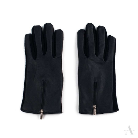 Skórzano-wełniane czarne rękawiczki damskie